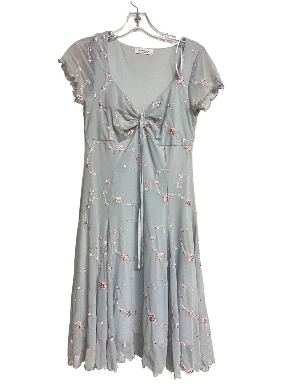 Kirious Blue Grey Babydoll Floral Embroidered Midi Dress Y2K Romantic Coquette
